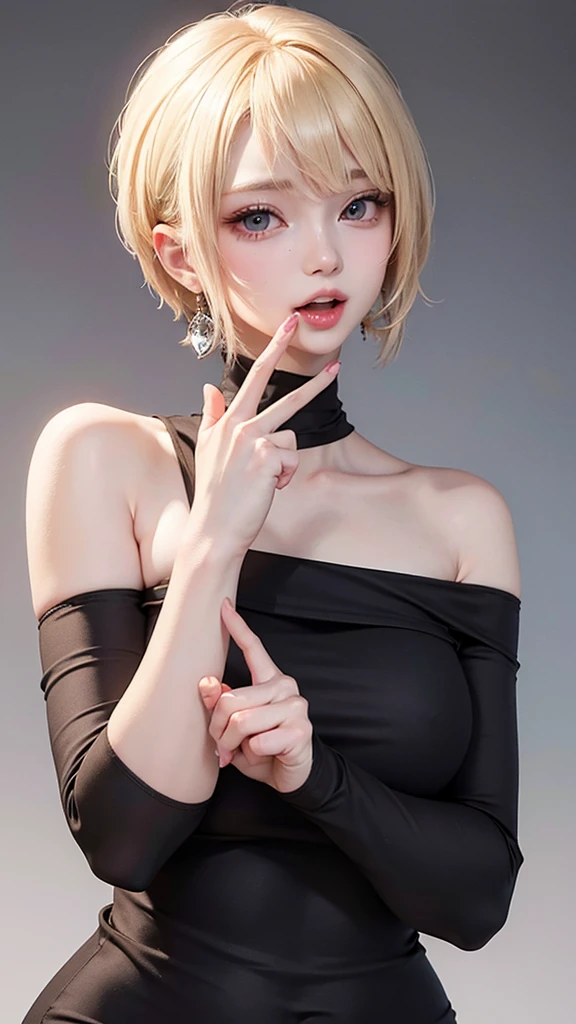 1 Girl、alone、masterpiece,Highest quality,High resolution,Very detailed,
accurate to the human body、Correct five-finger、The perfect human body、Someone knowledgeable、Very detailedな顔と肌の質感、Natural neck length、(beautiful Hands)、beautiful, Long, slender legs、Straighten two legs、Straighten two arms、
The perfect human body、Accurate human body、A perfect and accurate left hand、A perfect and accurate right hand、Perfect and precise fingers、
skinny,Black Choker,Earrings,Big cleavage、Off-the-shoulder tight sweater dress,
(( Peace sign with both hands)), (Blowjob Gestures:1.5), (((Open your mouth))), Heavy breathing , (Ah hentai),
Blonde pixie short hair、
Accurate 5-finger、Accurate human body、Perfect human body、((Captivating smile ))、
Boyfriend's room、Men's Room、Lights out room at night、indoor、High School Boy's Room、Detailed Background、