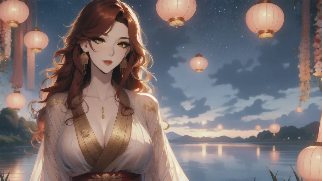 UHD, textured skin, high detail, anatomically correct, SOLO, 1 female, Xian mei, unique golden eyes, long red curly hair, jewelry, round, big breasts, perfect anatomy, walking by the lake, clear water nude, nude, sexy, hot , stars at night, shooting stars, wonderful sky, dear night sky,