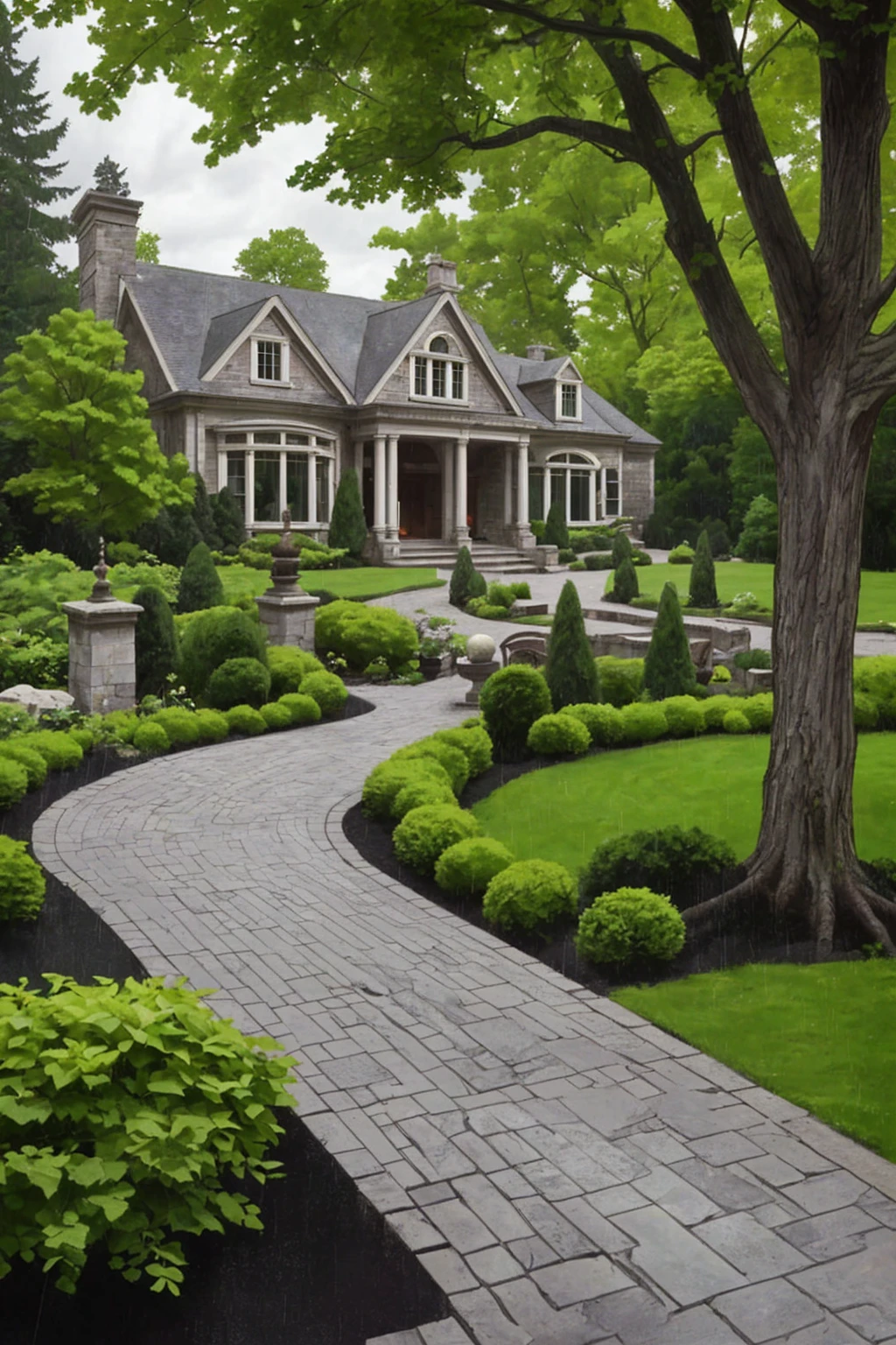 The Romanesque Revival mansion, accessed by a winding stone path, is surrounded by an English garden. There is a dense forest behind the house. There is a dark cloud above the house, which portends a downpour.