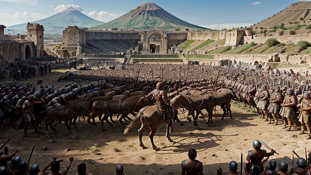 An epic image depicting the revolt of Spartacus, showing gladiators and slaves in a fierce battle against the Roman legions. The scene captures the intensity of the fight for freedom, with Spartacus bravely leading his men against a well-equipped army. In the background, Mount Vesuvius can be seen, symbolizing the symbolic beginning of the revolt.