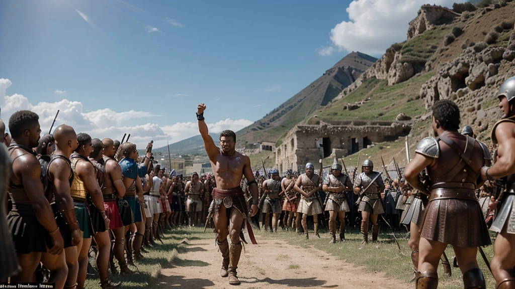 An epic image depicting the revolt of Spartacus, showing gladiators and slaves in a fierce battle against the Roman legions. The scene captures the intensity of the fight for freedom, with Spartacus bravely leading his men against a well-equipped army. In the background, Mount Vesuvius can be seen, symbolizing the symbolic beginning of the revolt.