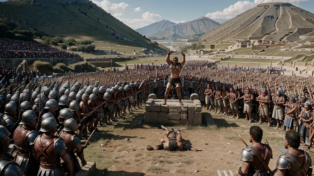 An epic image depicting the revolt of Spartacus, showing gladiators and slaves in a fierce battle against the Roman legions. The scene captures the intensity of the fight for freedom, with Spartacus bravely leading his men against a well-equipped army. In the background, Mount Vesuvius can be seen, symbolizing the symbolic beginning of the revolt.
