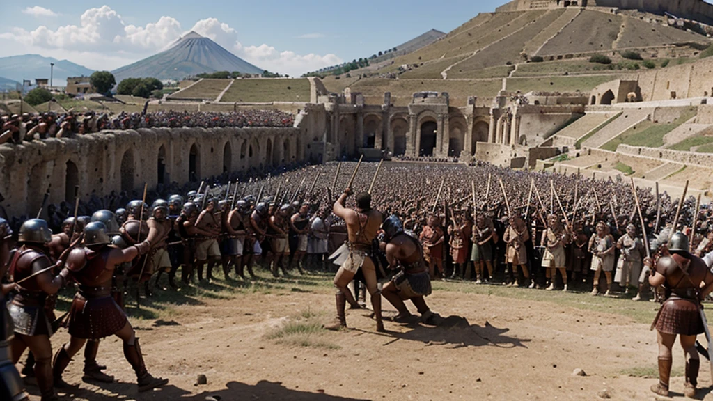 An epic image depicting the revolt of Spartacus, showing gladiators and slaves in a fierce battle against the Roman legions. The scene captures the intensity of the fight for freedom, with Spartacus bravely leading his men against a well-equipped army. In the background, Mount Vesuvius can be seen, symbolizing the symbolic beginning of the revolt.