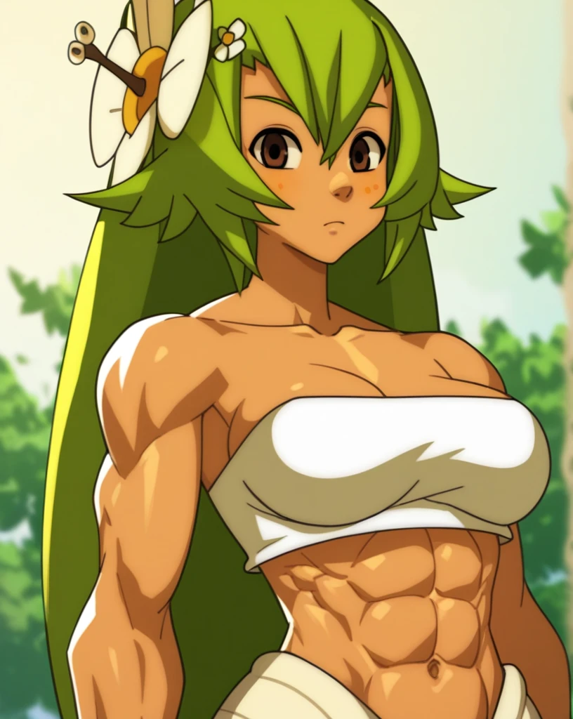 score_8_up, score_7_up, score_6_up, score_5_up, score_4_up, anime screenshot
1girl, solo, dark-skinned female, bare shoulders, green hair, amaliayoung, long hair, breasts, hair flower, navel, strapless, very strong abs

wakfu

standing, upper body, looking at viewer,