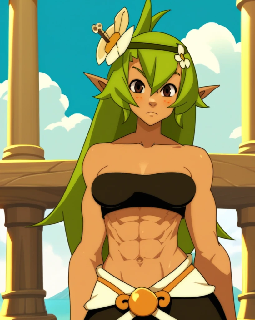 score_8_up, score_7_up, score_6_up, score_5_up, score_4_up, anime screenshot
1girl, solo, dark-skinned female, bare shoulders, green hair, amaliayoung, long hair, breasts, hair flower, navel, strapless, very strong abs

wakfu

standing, upper body, looking at viewer,