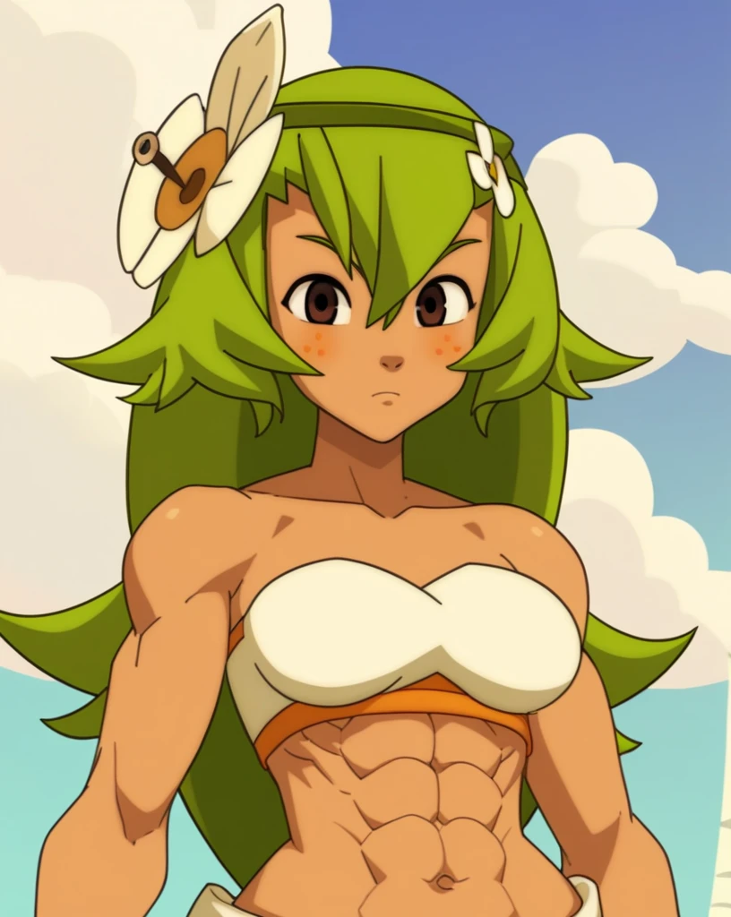 score_8_up, score_7_up, score_6_up, score_5_up, score_4_up, anime screenshot
1girl, solo, dark-skinned female, bare shoulders, green hair, amaliayoung, long hair, breasts, hair flower, navel, strapless, very strong abs

wakfu

standing, upper body, looking at viewer,