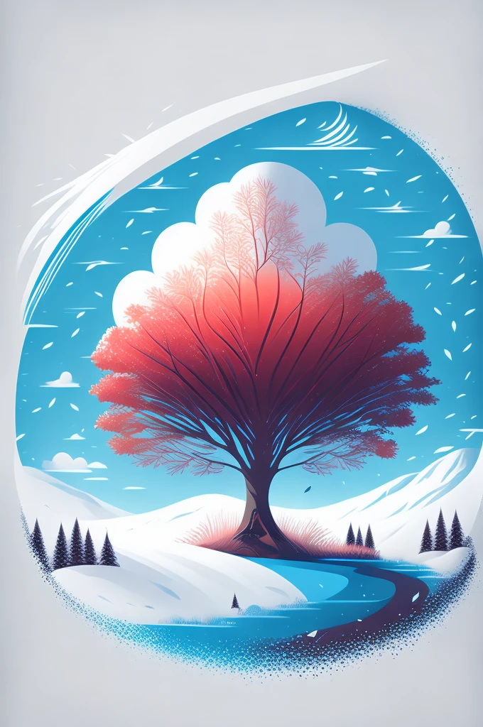 a spruice tree in a winter landscape, t-shirt design, rzminjornada, vectorial art