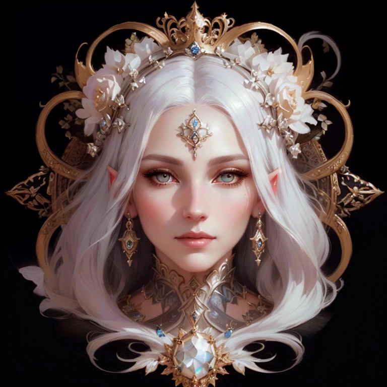 a close up of a woman with white hair and a crown, detailed matte fantasy portrait, goddess. extremely high detail, beautiful fantasy art portrait, fantasy art portrait, beautiful fantasy portrait, fantasy portrait art, tom bagshaw artstyle, intricate wlop, tom bagshaw portrait, portrait of a beautiful goddess, goddess portrait, beautiful and elegant elf queen