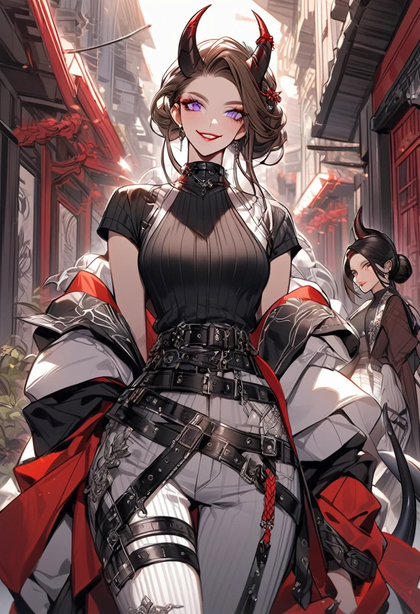 Tall woman, cheeky mad smile, brunette, hair gathered in a low bun, red and black clothes with open chest, purple eyes, dragon tail and horns, belts, pants, many details, light lipstick