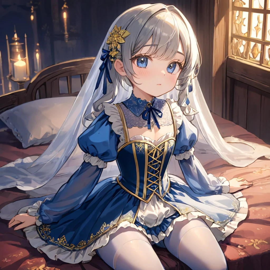 8 year old medieval girl, １people々、In underwear、Gold and silver thread embroidery、Translucent underwear that reaches below the knee（Bloomers）wear、wear a semi-transparent corset、Translucent slip, Translucent light navy blue tights、sleep、Translucent dress