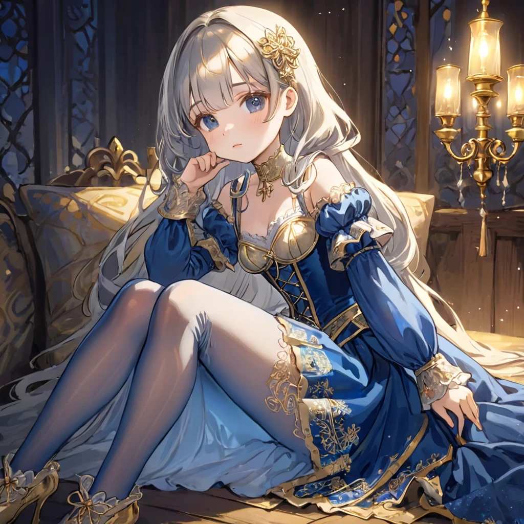 8 year old medieval girl, 1people々、In underwear、Gold and silver thread embroidery、Translucent underwear that reaches below the knee(Bloomers)wear、wear a semi-transparent corset、Translucent slip, Translucent light navy blue tights、sleep、Translucent dress