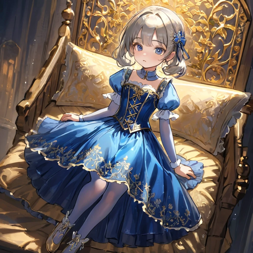 8 year old medieval girl, １people々、In underwear、Gold and silver thread embroidery、Translucent underwear that reaches below the knee（Bloomers）wear、wear a semi-transparent corset、Translucent slip, Translucent light navy blue tights、sleep、Translucent dress