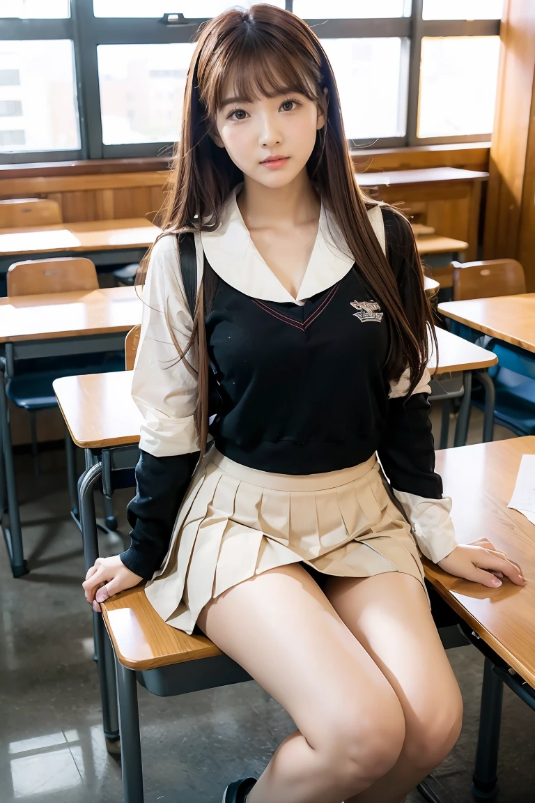 ((masterPiece, best quality)),The best aesthetics,1 girl, , table, sit, school table, brown hair, classroom, long hair, In the building, chair, look at viewer, :P, Focus only, brown eyes, open skirt :1.5, Thin white panties,long sleeve, Pencil, , Pencil case, PaPer, black seraph, multiPle girls, Pleated กระโปรง, sailor collar, smooth, headrest, school bag, school chair