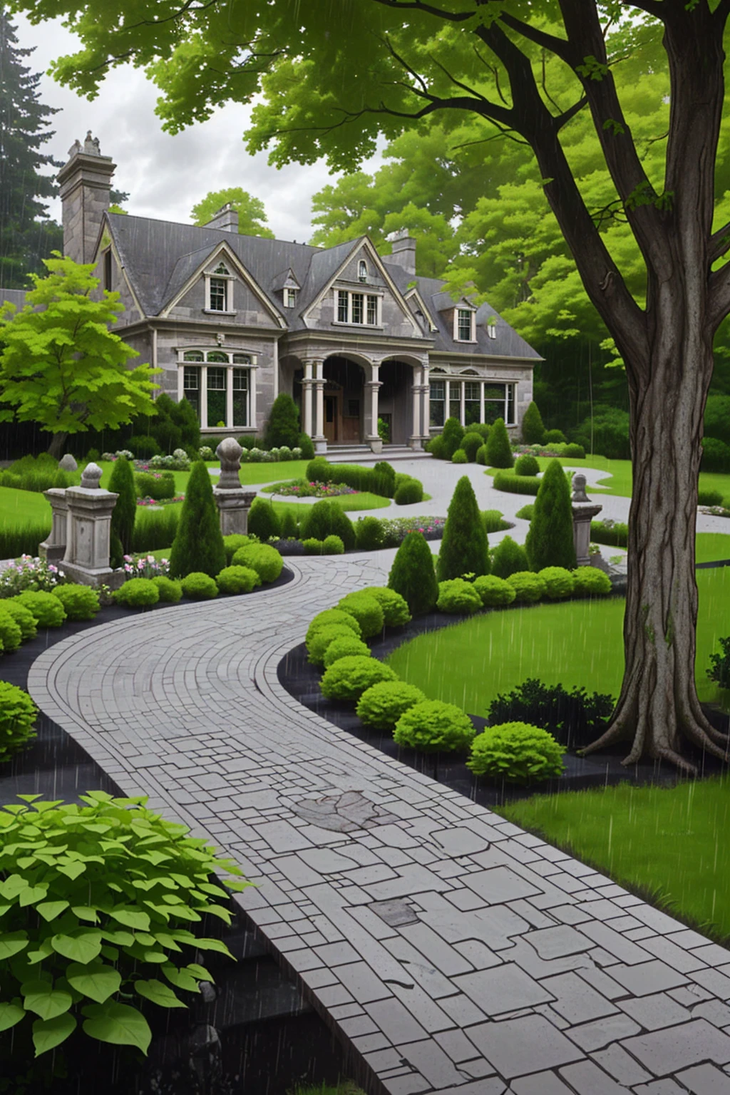 The Romanesque Revival mansion, accessed by a winding stone path, is surrounded by an English garden. There is a dense forest behind the house. There is a dark cloud above the house, which portends a downpour. 