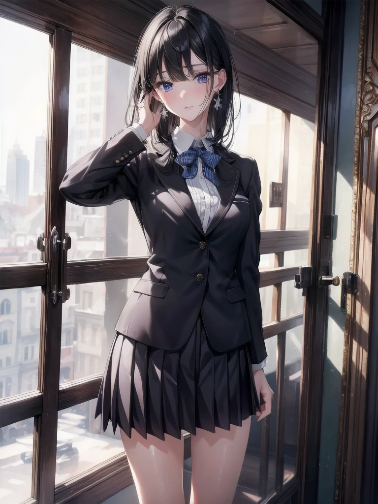 absurdres, RAW photo, extremely delicate and beautiful, masterpiece, Best Quality, ultra high resolution, 32k, hyperrealistic, ultra-detailed, delicate facial features, beautiful detailed woman, tearful mole, earring, medium breasts, (full body shot), medium hair, black hair, (school_uniform), blazer, skirt,