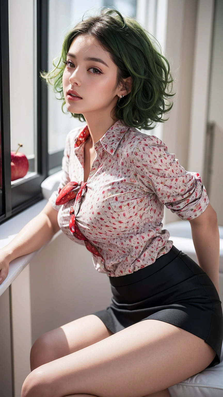 (absurd quality,8k,16k,highres,masterpiece:1.2),ultra detailed,UHD,(realism,photorealistic),(1woman:1.3 22-year-old), brown_eyes, ((Fujicolor, daytime soft lighting),fashion supermodel,(firm normal breasts),(perfect proportions),(anatomically correct),(curly green hair,(slicked to the two side),insanely Detailed),BREAK,white blouse,(red_apple printed on shirt:1.31),BREAK,(black skirt:1.4)