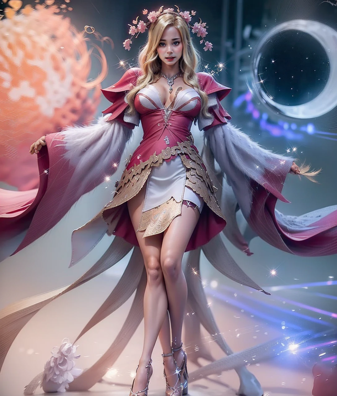 1 beautiful and sexy 20 years old girl,cleavage,blonde hair,short hair, ((whole body and legs in frame)), full body, soft lighting, nightclub, high heel pumps,big breast,,side view,mid walk,(detailed face) (detailed eyes) (detailed lips), dress, detailed beautiful fingers, shinning body, pink outfit, beautiful, glamours, ((colourful background))