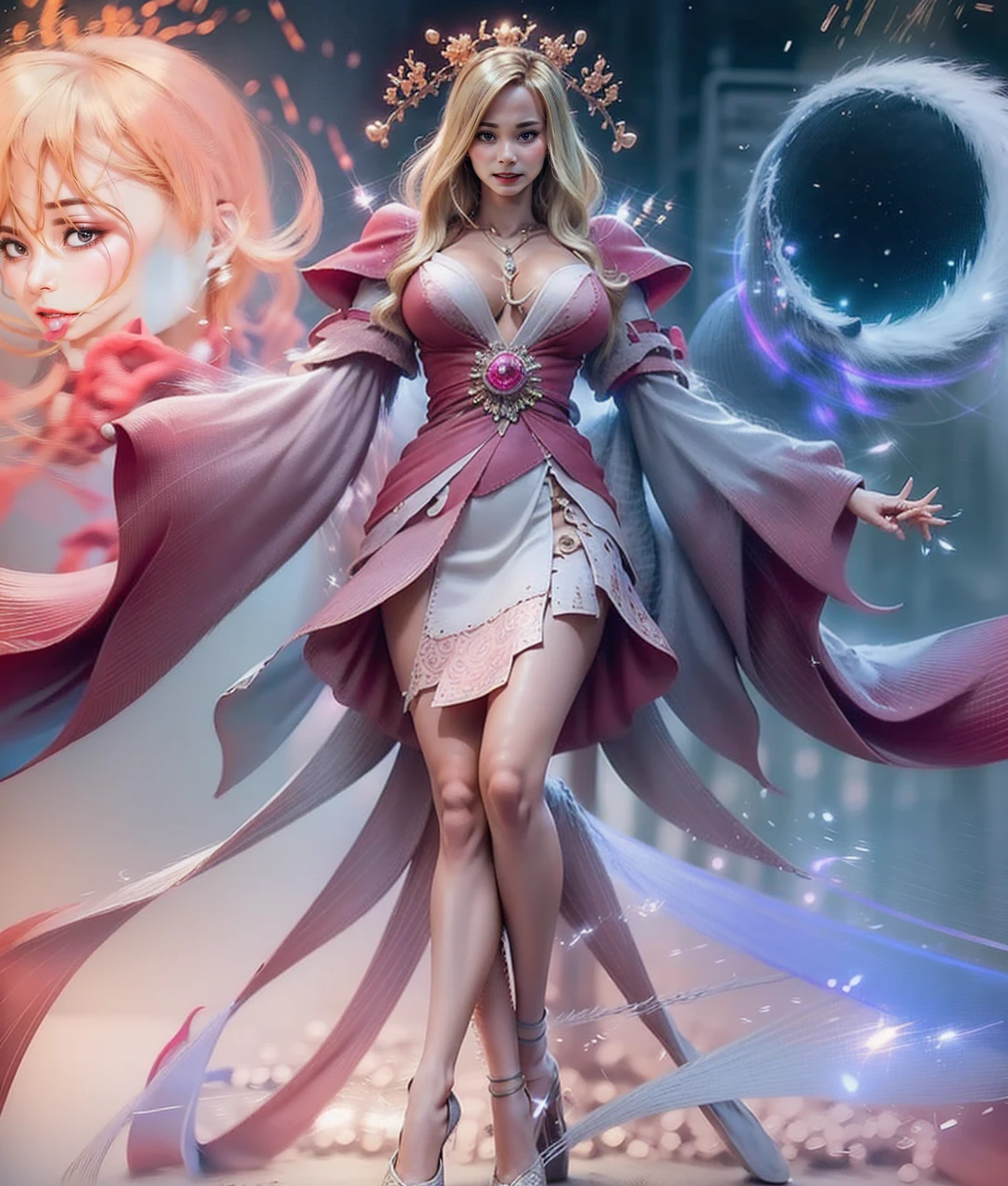 1 beautiful and sexy 20 years old girl,cleavage,blonde hair,short hair, ((whole body and legs in frame)), full body, soft lighting, nightclub, high heel pumps,big breast,,side view,mid walk,(detailed face) (detailed eyes) (detailed lips), dress, detailed beautiful fingers, shinning body, pink outfit, beautiful, glamours, ((colourful background))