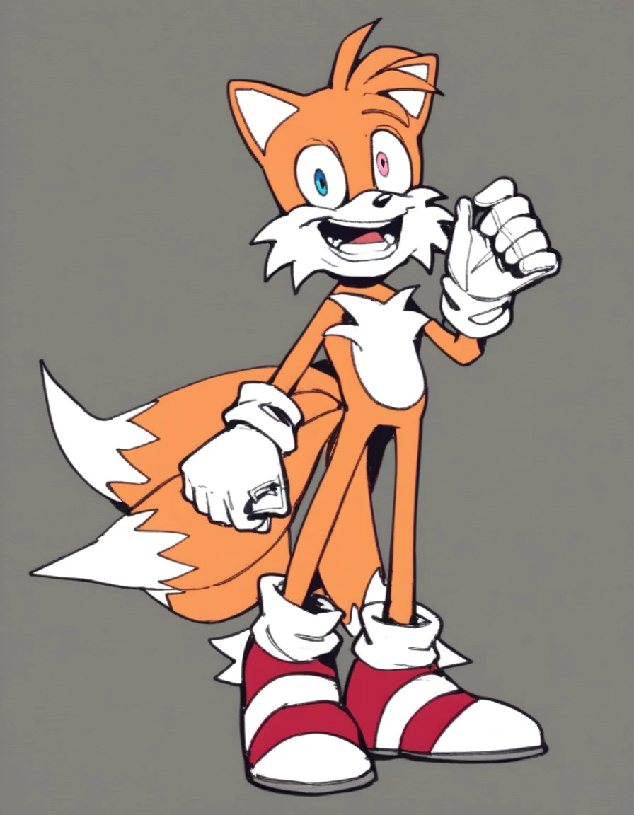 sh_tails, solo, looking at viewer, smile, open mouth, blue eyes, simple background, gloves, 1boy, animal ears, standing, tail, full body, male focus, shoes, teeth, white gloves, pink eyes, grey background, grin, sketch, fox tail, happy, multiple tails, red footwear, furry, wide-eyed, multicolored eyes, furry male, body fur, white fur, constricted pupils, two tails, animal nose, flat color, two-tone fur, fox boy, sonic the hedgehog