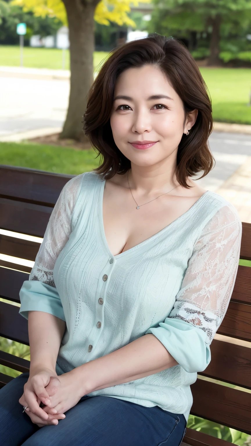 最high quality, In 8K, Masseter region, Genuine, Sharp focus, high quality, High resolution, Detailed face, fine grain, Thick lips, Background Blur, alone, Middle-aged women, , 65 years old, , Wavy Hair, Cleavage, Wearing a plain short-sleeved knit, sitting on a park bench, Wrinkles around the eyes, Smiling with teeth showing