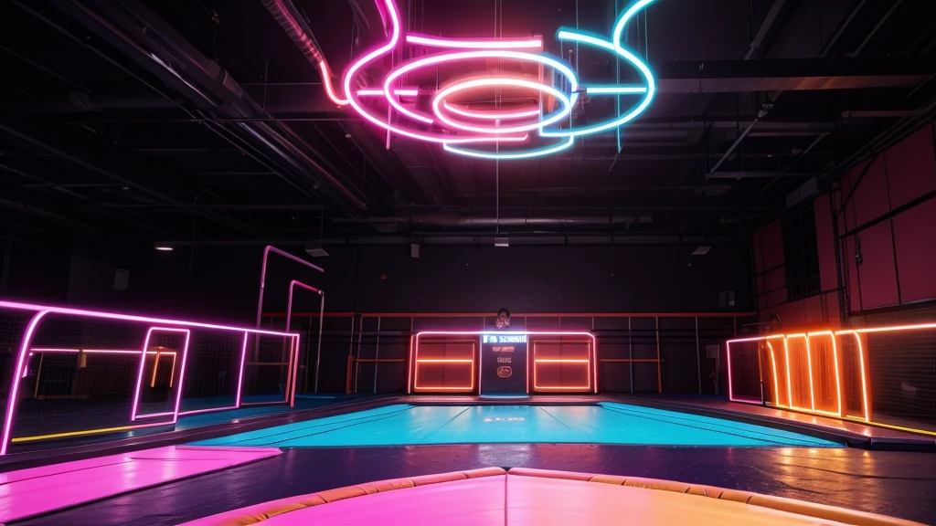 create an image of a neon trampoline park ,with predominant orange colors, rot ,pink and blue