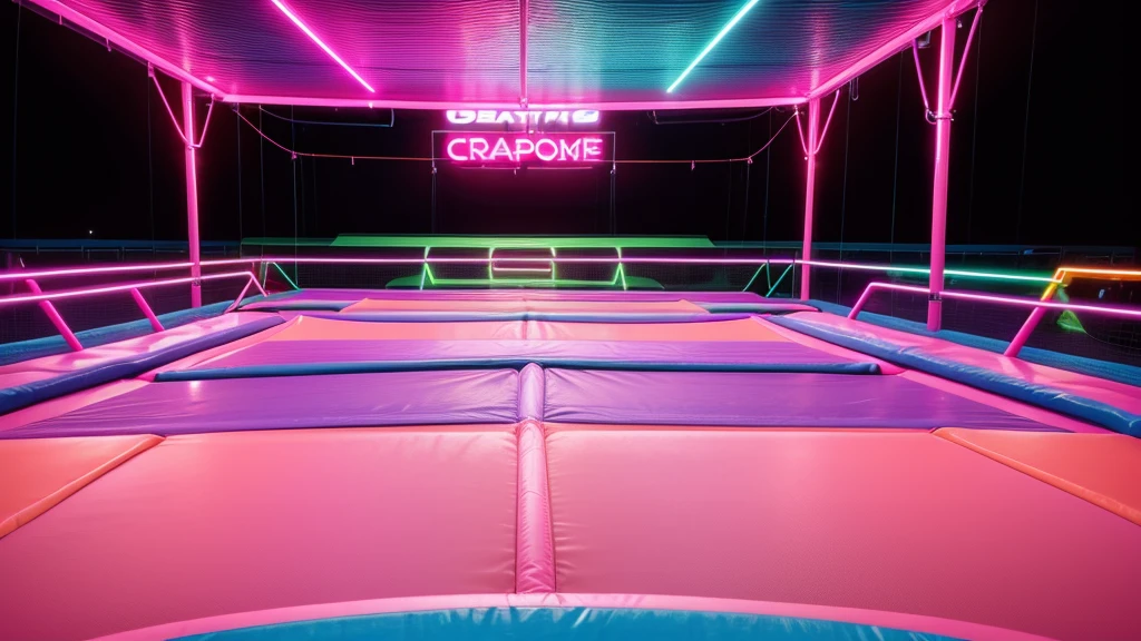 create an image of a neon trampoline park ,with predominant orange colors, rot ,pink and blue