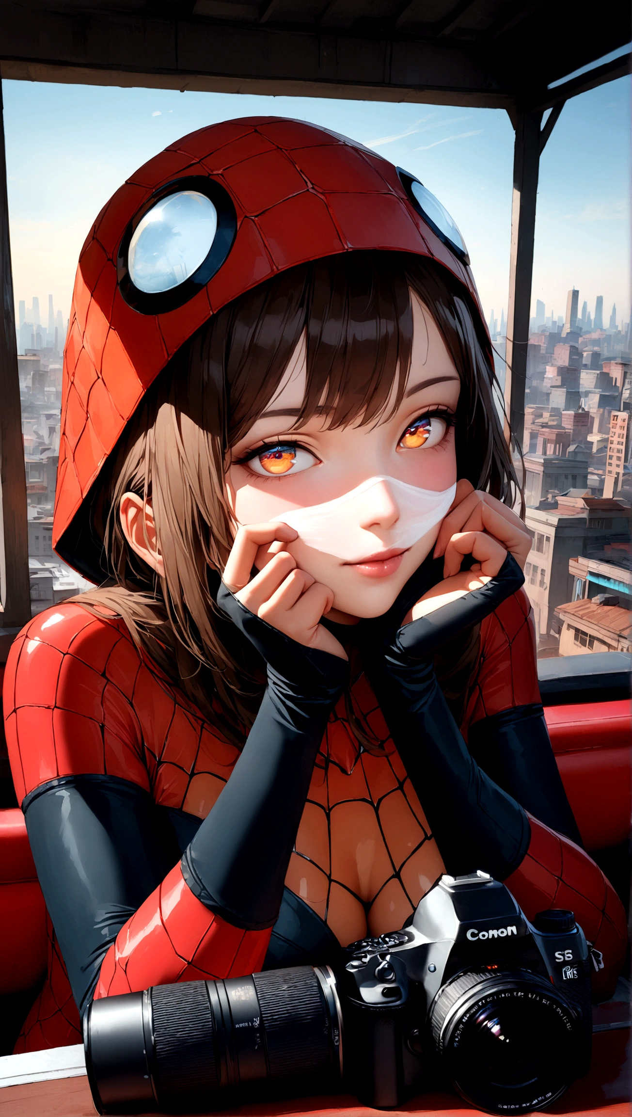 (1girl:1.3), Solo, (((Very detailed face)))), ((Very detailed eyes and face)))), Beautiful detail eyes, Body parts__, Official art, Unified 8k wallpaper, Super detailed, beautiful and beautiful, beautiful, masterpiece, best quality, original, masterpiece, super fine photo, best quality, super high resolution, realistic realism, sunlight, full body portrait, amazing beauty, dynamic pose, delicate face, vibrant eyes, (from the front), She wears Spider-Man suit, red and black color scheme, spider, very detailed city roof background, rooftop, overlooking the city, detailed face, detailed complex busy background, messy, gorgeous, milky white, highly detailed skin, realistic skin details, visible pores, clear focus, volumetric fog, 8k uhd, DSLR, high quality, film grain, fair skin, photo realism, lomography, futuristic dystopian megalopolis, translucent