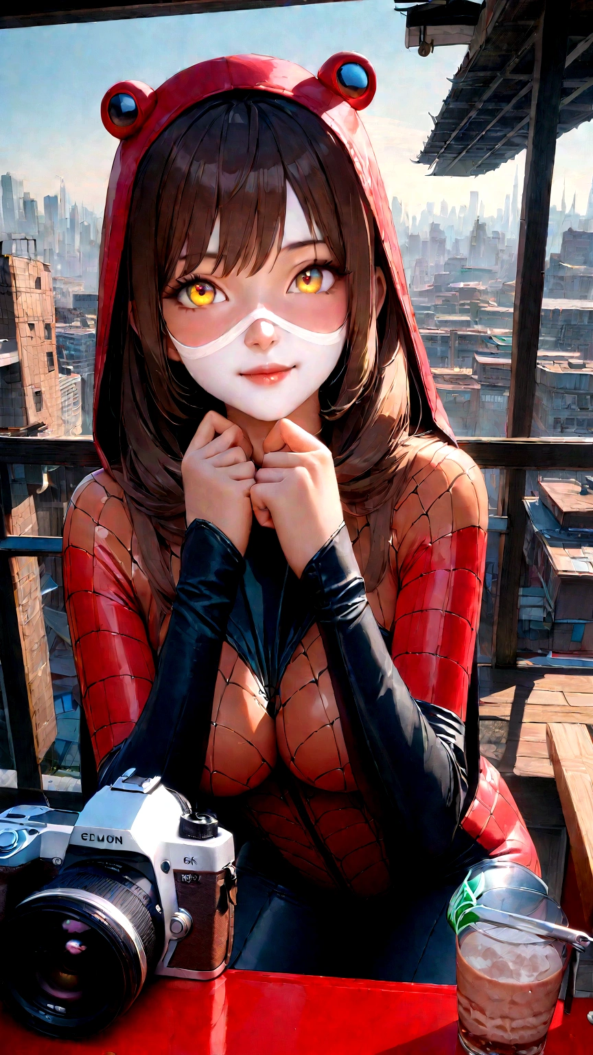 (1girl:1.3), Solo, (((Very detailed face)))), ((Very detailed eyes and face)))), Beautiful detail eyes, Body parts__, Official art, Unified 8k wallpaper, Super detailed, beautiful and beautiful, beautiful, masterpiece, best quality, original, masterpiece, super fine photo, best quality, super high resolution, realistic realism, sunlight, full body portrait, amazing beauty, dynamic pose, delicate face, vibrant eyes, (from the front), She wears Spider-Man suit, red and black color scheme, spider, very detailed city roof background, rooftop, overlooking the city, detailed face, detailed complex busy background, messy, gorgeous, milky white, highly detailed skin, realistic skin details, visible pores, clear focus, volumetric fog, 8k uhd, DSLR, high quality, film grain, fair skin, photo realism, lomography, futuristic dystopian megalopolis, translucent