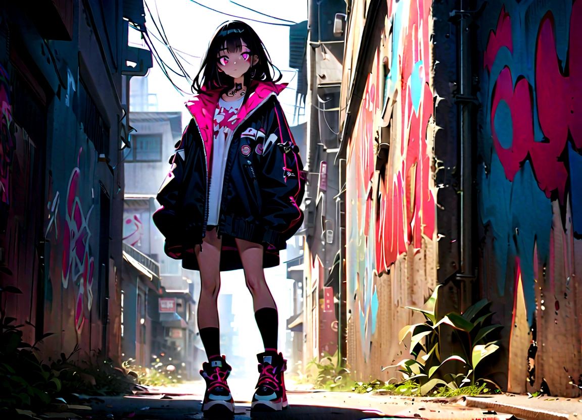 Step Piece, Best Quality, Best Illustration, Ultra-detailed,girl, pinkrose long hair, crazy baddie girl, Cool Black Open Short Jacket, neck tattoo, Messy Fade Cut Hair, Side braided hair,Crazy, standing with an eerie feeling, abandond street graffiti wall background,knee high socks, quirky sneakers, Eyeshadow on the eyes,unusual colored eyes, Eyes of fear, Vivid eyes, cool shot
