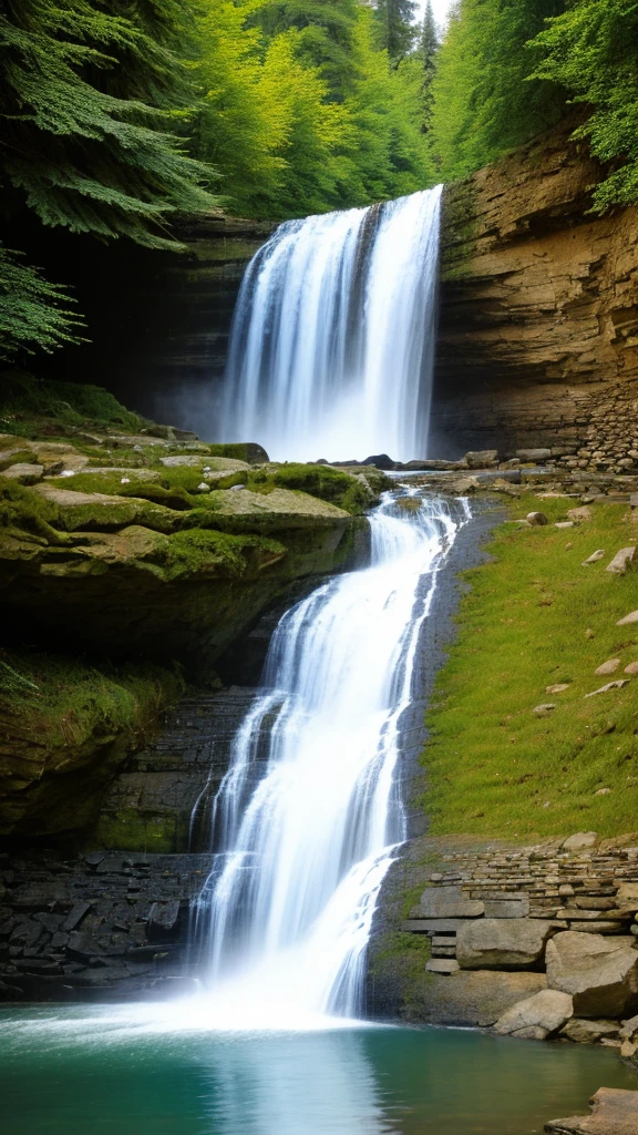 Waterfall flowing into the lake