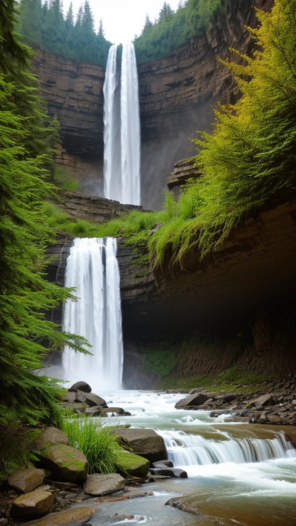 Waterfall flowing into the lake
