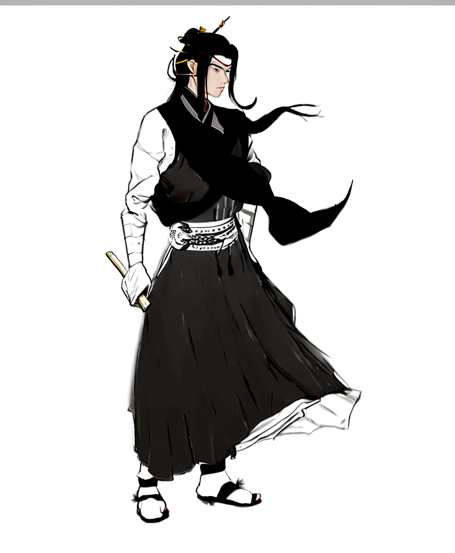 a drawing of a young man in a school kimono, full body concept, dressed with long fluent clothes, using a scarf, long hair using a kanszashi stick in the hair to hold the hair bun decorated with a red ribbon and a feather, wear socks and sandals, strong, exposed arms, holding a socket adaga inspirada na arma do personagem asuma Sarutobi na mão direita, look serious and worried, holding a socket/kunai in right hand pointing backwards, holding a dagger in his right hand with a socket, holding tekko socket weapon inspired by the character Asuma's kunai