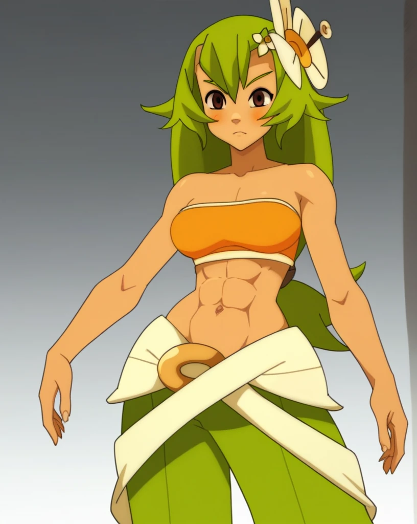 score_8_up, score_7_up, score_6_up, score_5_up, score_4_up, anime screenshot
1girl, solo, dark-skinned female, bare shoulders, green hair, amaliayoung, long hair, breasts, hair flower, navel, strapless, very strong abs

wakfu

standing, upper body, looking at viewer, full body