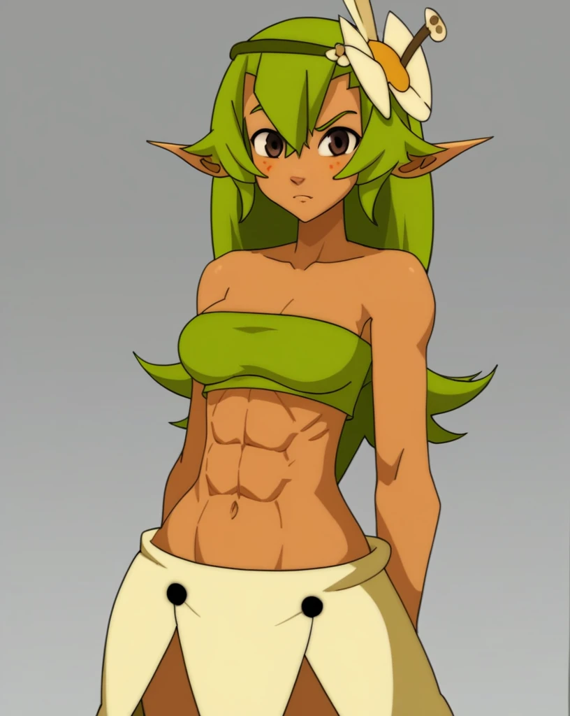 score_8_up, score_7_up, score_6_up, score_5_up, score_4_up, anime screenshot
1girl, solo, dark-skinned female, bare shoulders, green hair, amaliayoung, long hair, breasts, hair flower, navel, strapless, very strong abs

wakfu

standing, upper body, looking at viewer, full body