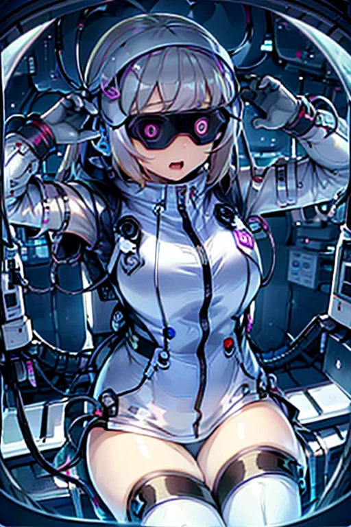 1 Girl, whole body, (space helmet):10,He has a large metal helmet on his head that covers his hair and eyes., tube, wire, She gets electrocuted, brainwashing,astrovest,bing_astronaut,blush,torogao,