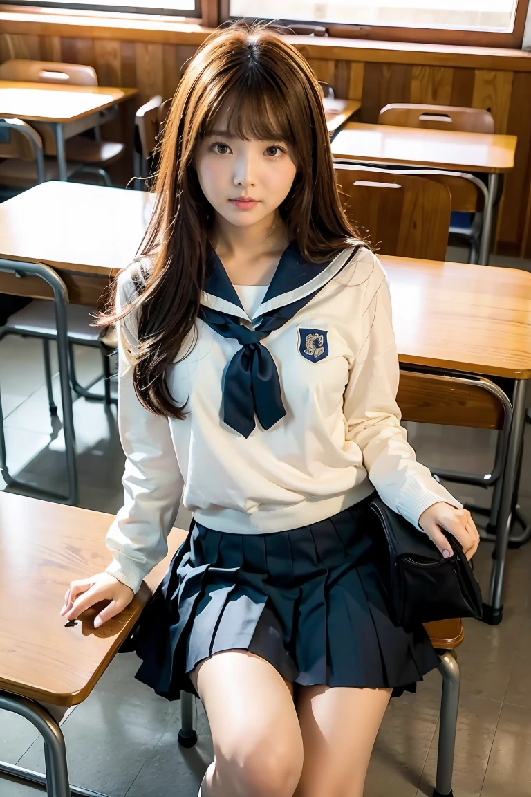 ((masterPiece, best quality)),The best aesthetics,1 girl, , table, sit, school table, brown hair, classroom, long hair, In the building, chair, look at viewer, :P, Focus only, brown eyes, open skirt :1.5, Thin white panties,long sleeve, Pencil, , Pencil case, PaPer, black seraph, multiPle girls, Pleated กระโปรงสั้นมาก, sailor collar, smooth, headrest, school bag, school chair