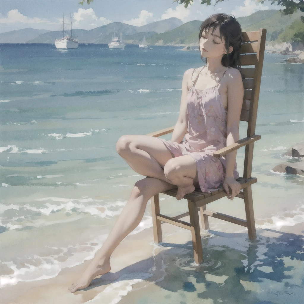 Tranquil voyager girl, in watercolor style, Photorealism, discreet pink and mint shades, barefoot