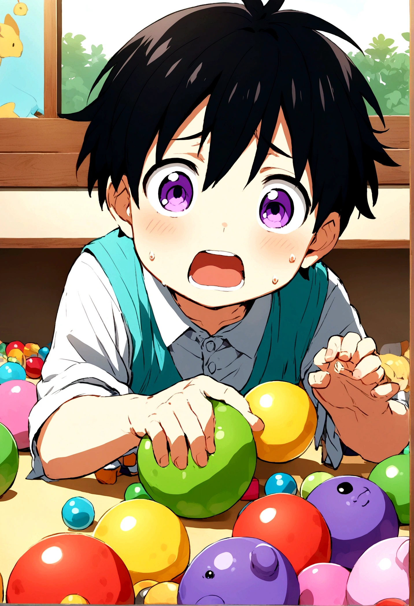 Anime boy with black hair and purple eyes in preschool playing with toys and scared that his parents dropped him off on the first day 