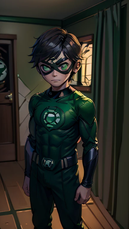 best quality,masterpiece,1boy,solo,(((15years old))),japanese boy,an extremely cute and handsome boy,highly detailed beautiful face and eyes,petit,cute face,lovely face,baby face,shy smile,show teeth,Brown hair,Short hair,flat chest,skinny,slender,(((wearing a Green Lantern costume,black dominomask))),(((standing in reelunsettling dark indoors room))),he is looking at the viewer,