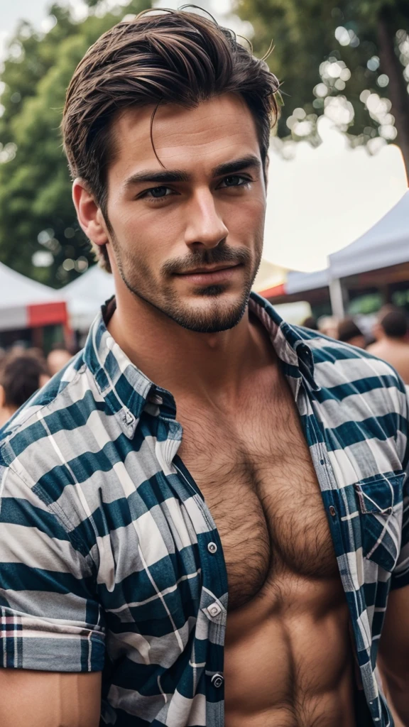 A sexy man wearing flannel shirt, festival, beautiful background , nsfw, homoerotic , penis , handsome face, composed expression , detailed face