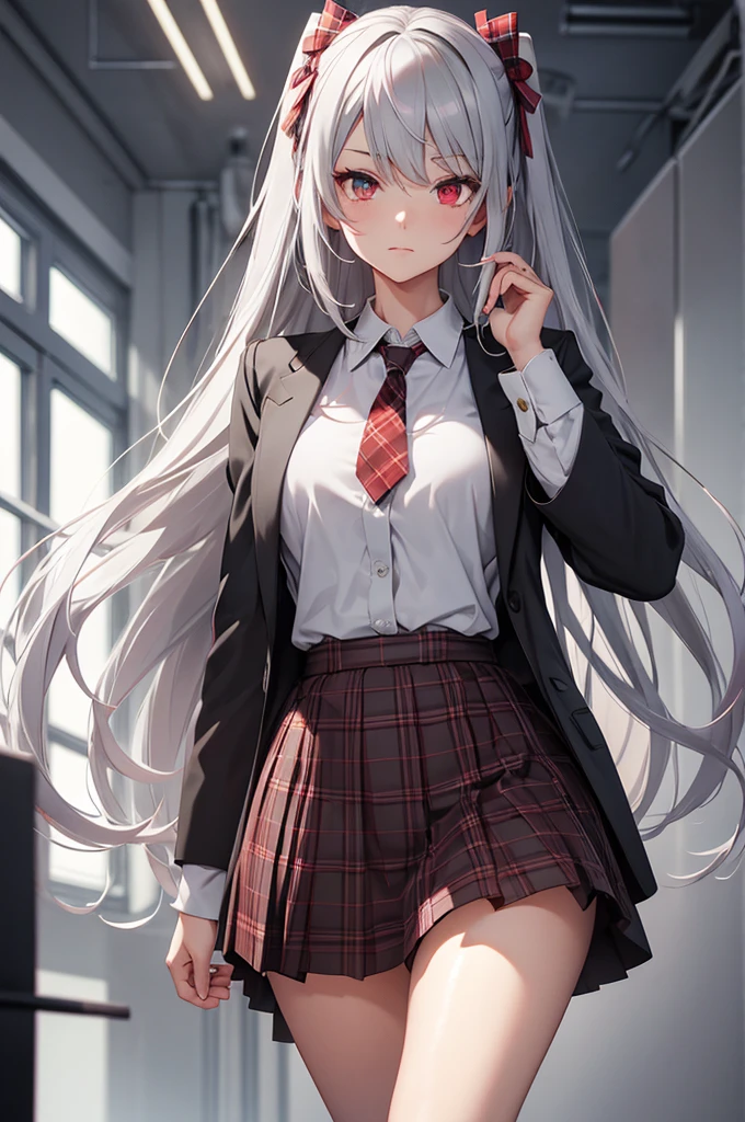 grey hair, long hair, red eyes, heterochromia eyes, red right eye, gray left hair, medium breasts, hair clip, x hair ornament, skirt, bow, , jacket, plaid, plaid skirt, sweater vest, shirt, white shirt, collared shirt, (masterpiece:1.2), best quality, high resolution, unity 8k wallpaper, (illustration:0.8), perfect lighting, extremely detailed CG, (perfect anatomy)
