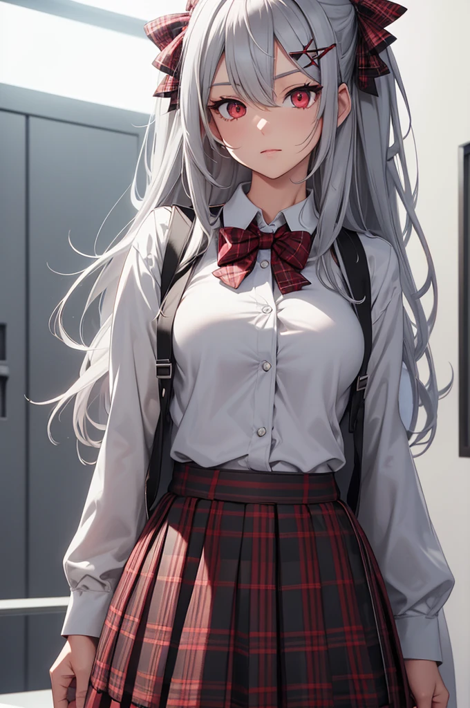 grey hair, long hair, red eyes, heterochromia eyes, red right eye, gray left hair, medium breasts, hair clip, x hair ornament, skirt, bow, , jacket, plaid, plaid skirt, sweater vest, shirt, white shirt, collared shirt, (masterpiece:1.2), best quality, high resolution, unity 8k wallpaper, (illustration:0.8), perfect lighting, extremely detailed CG, (perfect anatomy)
