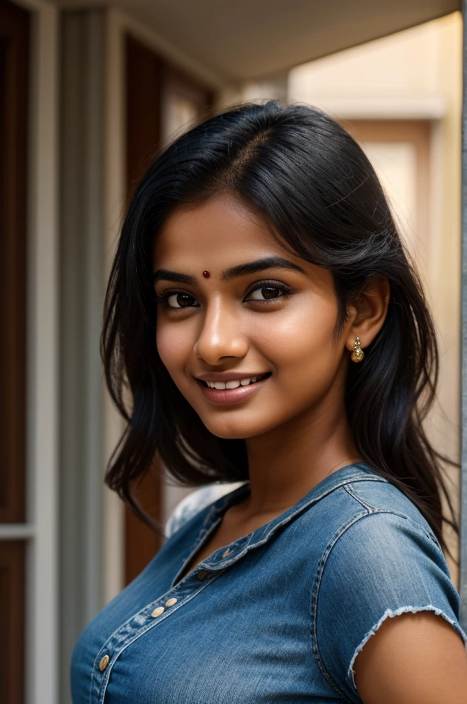 photorealistic portrait of a young Indian woman, 20 years old, showcasing her small facial features, medium black hair, light skin tone, small nose, and a captivating smile, styled in a casual jean & t-shirt ensemble. The model is depicted in a side-profile shot, centering on her facial details, including a distinctive mole on her lips, with high-resolution quality enhancing her appearance, and the lighting capturing her natural beauty effortlessly.