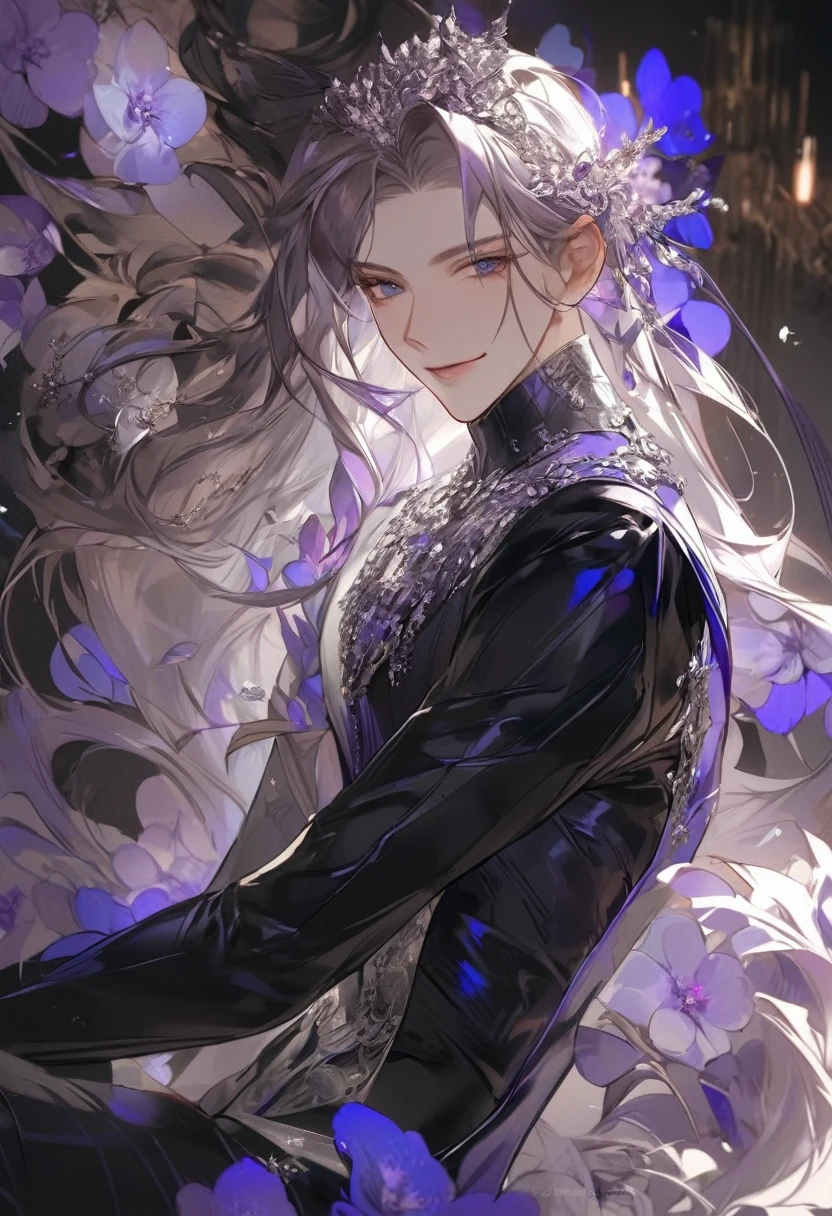 Guy, beautiful facial features, smile, squinted siren dark blue eyes without glare, silver and dark purple long hair with straight bang, fantasy black fit suit with blue and purple elements, long black gloves, model, gorgeous, elegant, lots of silver jewelry, flowers in his hair