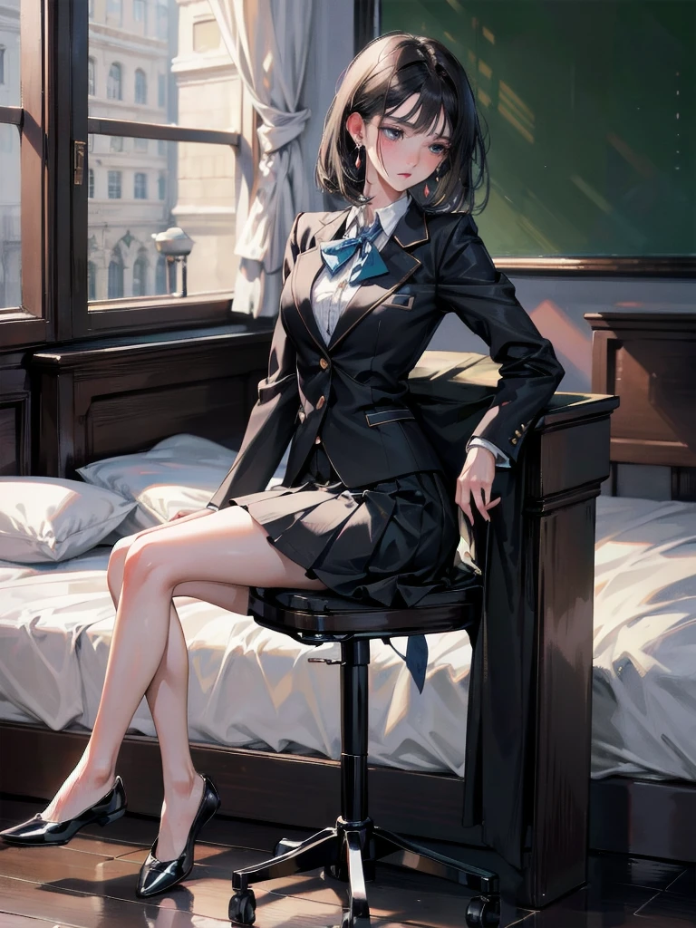 absurdres, RAW photo, extremely delicate and beautiful, masterpiece, Best Quality, ultra high resolution, 32k, hyperrealistic, ultra-detailed, delicate facial features, beautiful detailed woman, tearful mole, earring, medium breasts, (full body shot), medium hair, black hair, (school_uniform), blazer, skirt,
