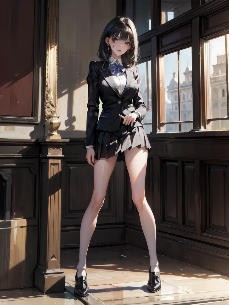 absurdres, RAW photo, extremely delicate and beautiful, masterpiece, Best Quality, ultra high resolution, 32k, hyperrealistic, ultra-detailed, delicate facial features, beautiful detailed woman, tearful mole, earring, medium breasts, (full body shot), medium hair, black hair, (school_uniform), blazer, skirt,