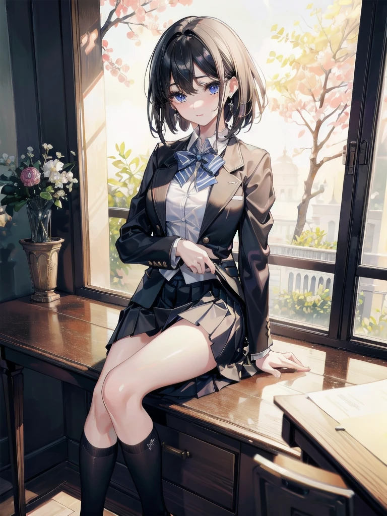 absurdres, RAW photo, extremely delicate and beautiful, masterpiece, Best Quality, ultra high resolution, 32k, hyperrealistic, ultra-detailed, delicate facial features, beautiful detailed woman, tearful mole, earring, medium breasts, (full body shot), medium hair, black hair, (school_uniform), blazer, skirt,
