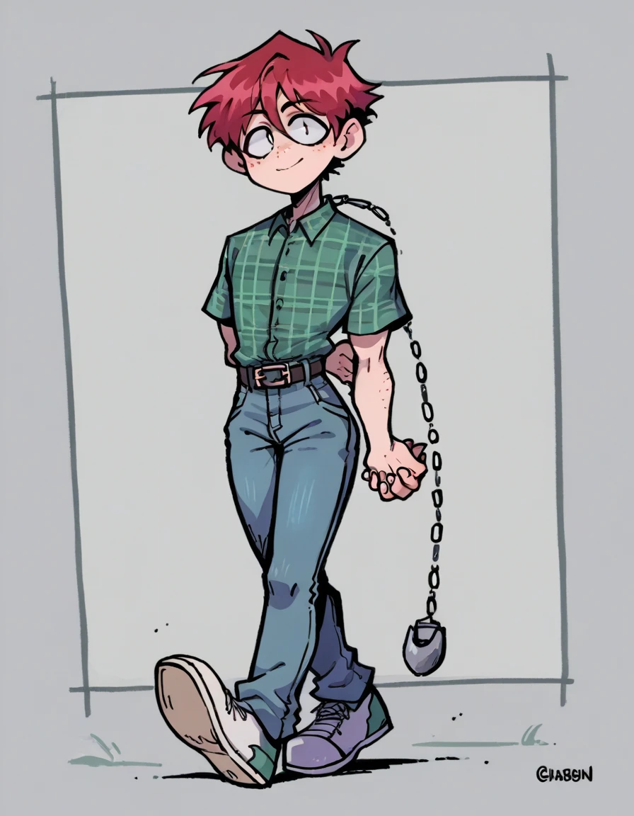 zPDXL, score_9, score_8_up, score_7_up, source_anime, 1boy, solo, cheeky smile, silver eyes, walking (hands behind back),wearing green and white plaid shirt, light-colored tight jeans, white sneakers, silver chain attached to both sides of the belt, ruffled red hair, fit body, pale skin, freckles on the shoulders, hairy arms valbun,