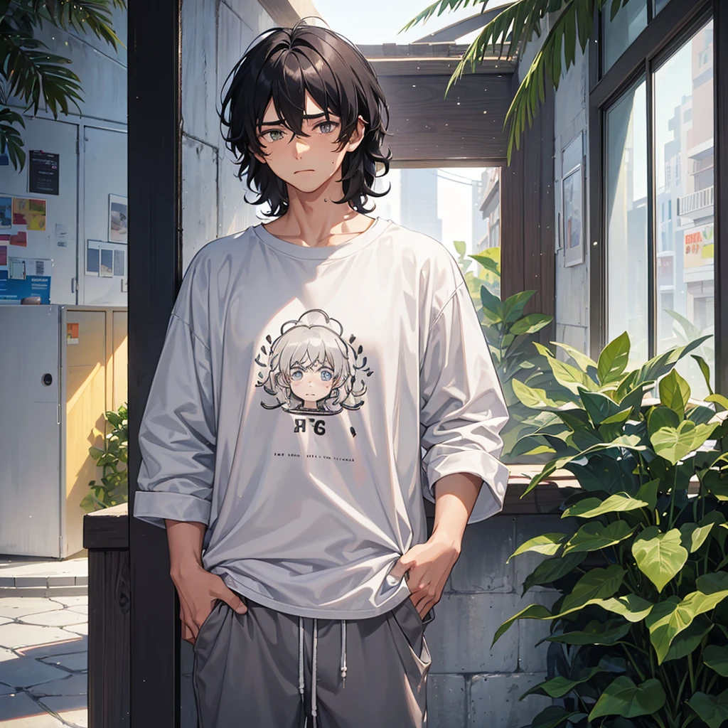 a ager of approximately 16 y is sad because of the end of a relationship. He has facial hair, but very little, he is a person of approximately 1.70 meters tall, and has short wavy and somewhat "curly" black hair, he is very sad, and is wearing a gray t-shirt with drawings of coconut trees. small black ones, and he's also wearing light gray sweatpants, and he's sad