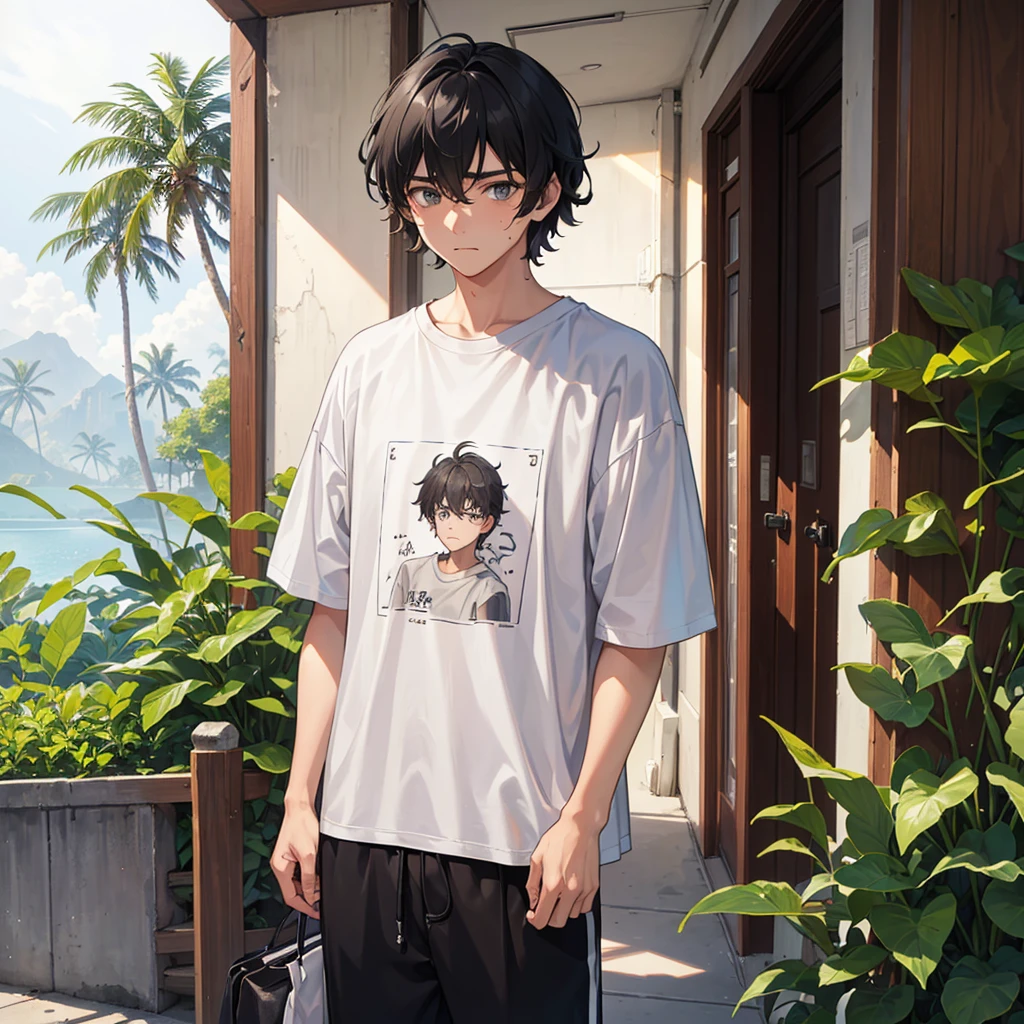 a teenager of approximately 16 years old who is sad because of the end of a relationship. He has facial hair, but very little, he is a person of approximately 1.70 meters tall, and has short wavy and somewhat "curly" black hair, he is very sad, and is wearing a gray t-shirt with drawings of coconut trees. small black ones, and he's also wearing light gray sweatpants, and he's sad 